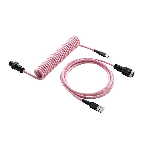 GUNMJO Pro Custom Coiled USB C Cable for Gaming Keyboard, Double-Sleeved Mechanical Keyboard Cable with Detachable Metal Aviator, 1.5M USB-C to USB-A, Black Pink - Pink