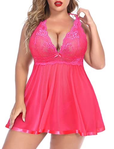Babydoll Lingerie Lace Chemise Mesh Sleepwear - Pink