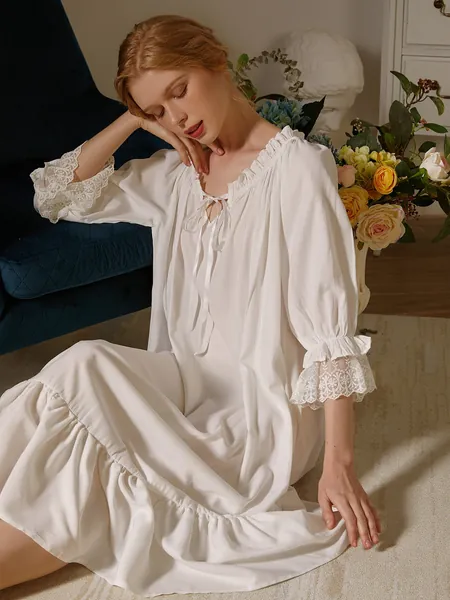 Frill Trim Tie Neck Contrast Lace Nightdress