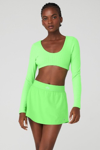 Ribbed Defined Long Sleeve Bra - Green Glow | Green Glow / M