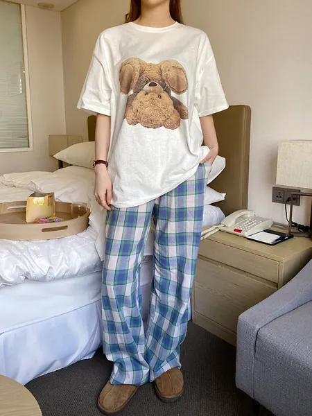 DAZY Cartoon Bear Print Sleep Tee & Plaid Print Sleep Pants