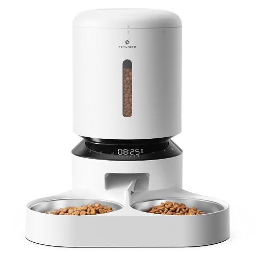 PETLIBRO Automatic Cat Feeder for Two Cats, 5L Dry Food Dispenser with Splitter and Two Stainless Bowls, 10s Meal Call and Timer Setting, 50 Portions 6 Meals Per Day for Cat and Dog White - White