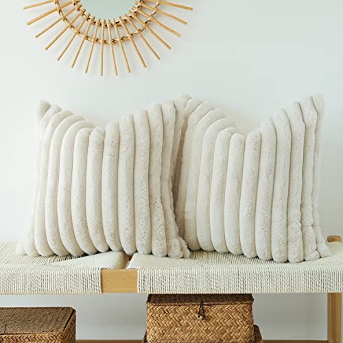 Decorative Throw Pillow Covers 18x18, Faux Fur Farmhouse Boho Pillow Cases  ,soft Plush Fuzzy Beige Cushion Covers For Sofa Couch Living Room Bedroom S