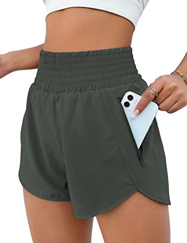 BMJL Women's Athletic Shorts High Waisted Running Shorts Pocket Sporty Short Gym Elastic Workout Shorts - 2.5'' High waisted - Large - Summergreen