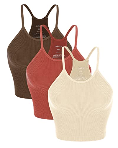 ODODOS Women's Crop 3-Pack Washed Seamless Rib-Knit Camisole Crop Tank Tops - Oatmeal+barn Red+brunette-long Crop - Medium-Large