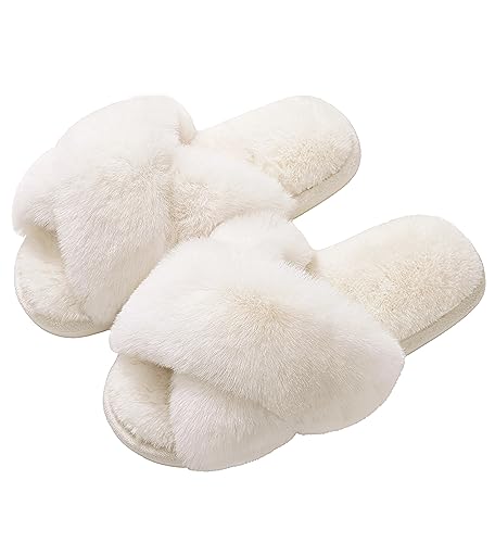 Evshine Women's Fuzzy Slippers Cross Band Memory Foam House Slippers Open Toe - 10-11 - White