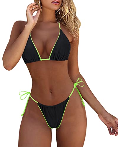 MOSHENGQI Women Sexy Brazilian Bikini 2 Piece Spaghetti Strap Top Thong Swimsuit Bathing Suit - Large - Fluorescent Black