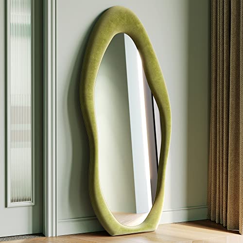 Honyee Full Length Mirror, 63" x 24" Wall Mirror, Flannel Wrapped Wooden Frame Floor Mirror, Irregular Wavy Mirror Hanging or Leaning Against Wall for Cloakroom/Bedroom/Living Room, Green - 63" x 24" Footprint - Green