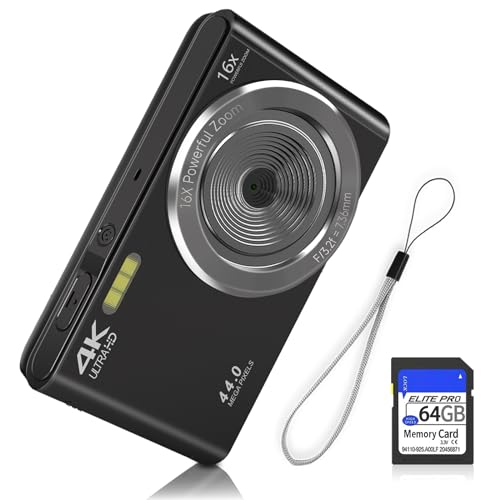 Digital Camera, FHD 1080P 44MP Digital Camera for Kids Video Camera with 64GB SD Card 16X Digital Zoom, Compact Point and Shoot Camera Portable for Kids Boys Girls Teens Students Seniors (Black) - Black
