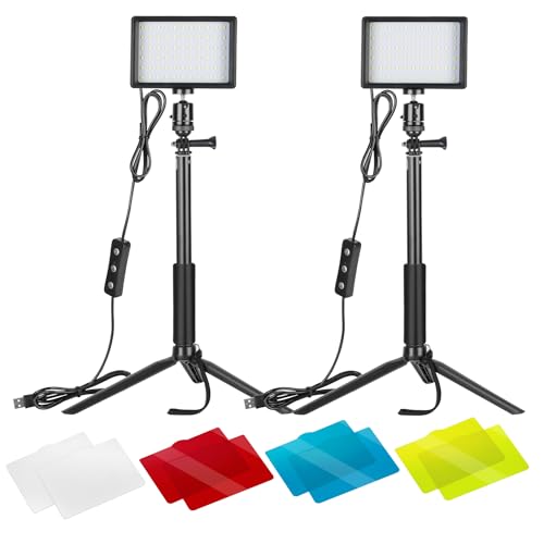 Neewer 2-Pack Dimmable 5600K USB LED Video Light with Adjustable Tripod Stand and Color Filters for Tabletop/Low-Angle Shooting, Zoom/Video Conference Lighting/Game Streaming/YouTube Photography