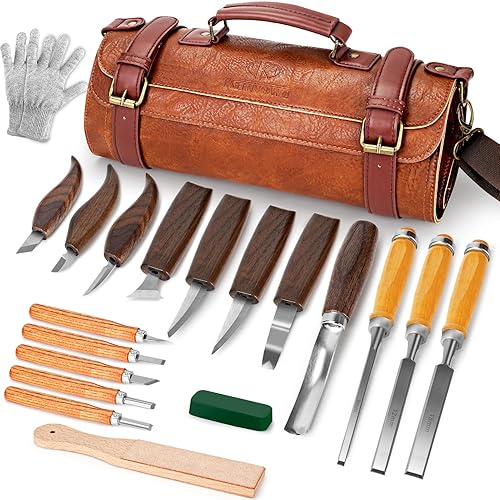 Wood Carving Kit, 20Pcs Wood Carving Tools with PU Leather Storage Bag, Wood Whittling Kit with 3Pcs Chisels & 8Pcs Whittling Knives & 5 Detail Carving Knives for Beginners and Enthusiasts - 20 Pcs