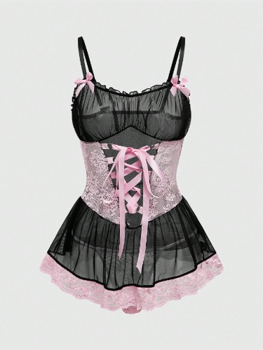 ROMWE Kawaii Kawaii Lace & Mesh Contrast Ruffle Halter Tied Waist Sexy Dress