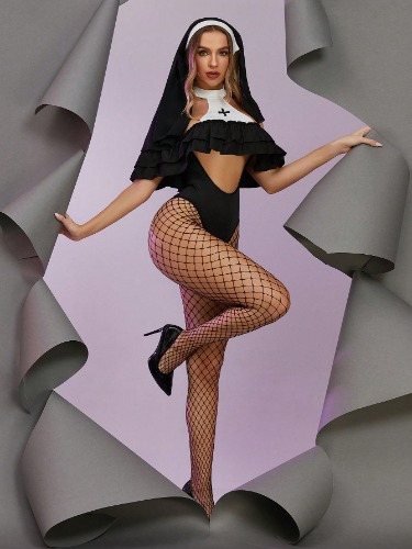 Music Festival Roleplay Sexy Women's Lingerie Contrast Color Cross Halter Backless Jumpsuit + Cape Cosplay Set