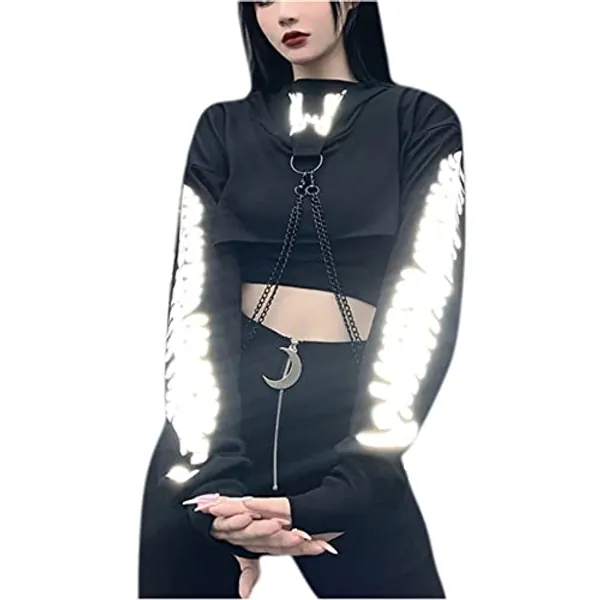 RARITYUS Women Goth Reflective Hoodie Crop Top Iron Chain Long Sleeve Hooded Pullover Sweatshirt for Halloween Rave Festival