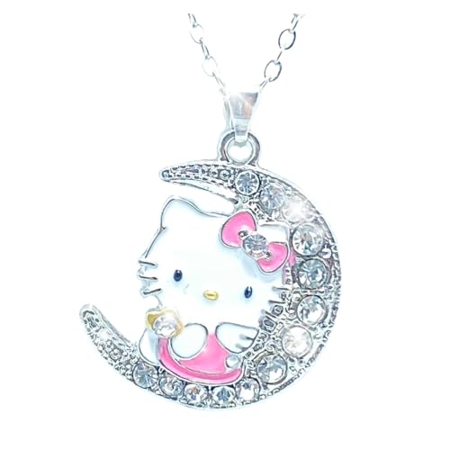 White Gold Plated Bow Tie Cat Pendant with Multi-Color Cubic Zirconia Necklace Lovely Cute Cat On the Moon Pendant Necklace Little Girl's