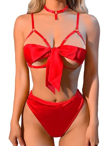 Kaei&Shi Sexy Valentine's Gift,Unwrap Me Ribbon Bow Lingerie for Women,High Waisted G String Lingerie Christmas - 12-14 - Red