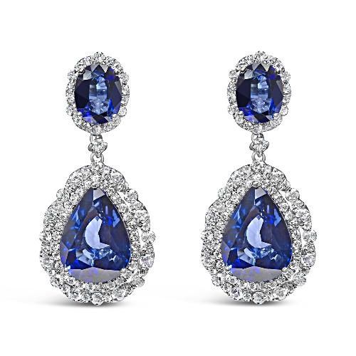 18K White Gold Blue Sapphire 2 3/4 Cttw Diamond Halo Drop Dangle Earring (G-H Color, SI1-SI2 Clarity)