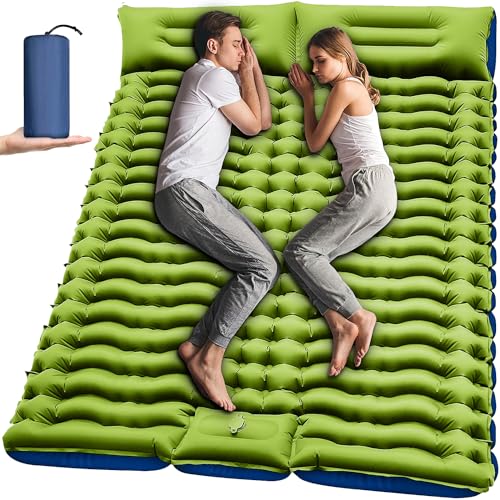 Yuzonc Double Sleeping Pad - Self Inflating 4" Extra-Thick for 2 Person with Pillow Built-in Foot Pump Inflatable Sleeping Mat for Backpacking, Hiking, Traveling, Tent, Portable Camping Mat - Green - Full