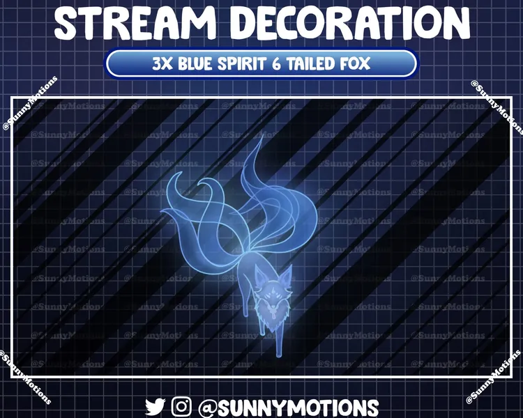3x Animated Stream Decoration Animal: Blue Spirit Six Tailed Fox, Kawaii Cozy Lo-fi Aesthetic Dark Night Twitch Overlay, Cute Vtuber Add-on