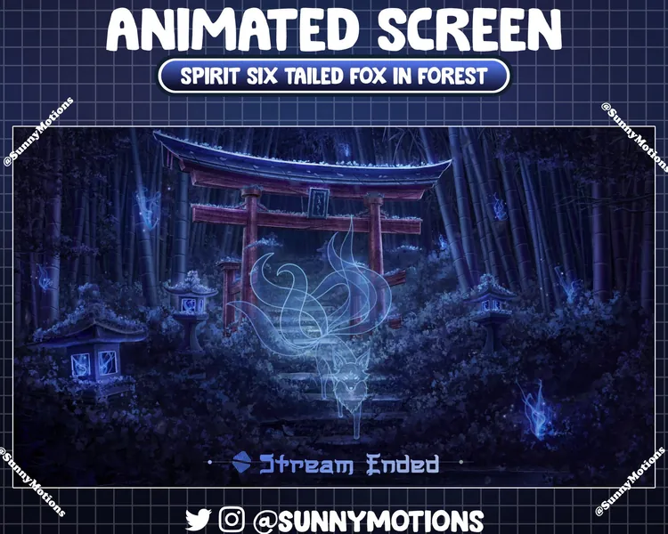 ANIMATED Twitch Stream Screen: Spirit Six Tailed Fox In Bamboo Forest, Dark Blue Stone Lantern, Japanese Garden Lamp, Japan Torii Gate Scene