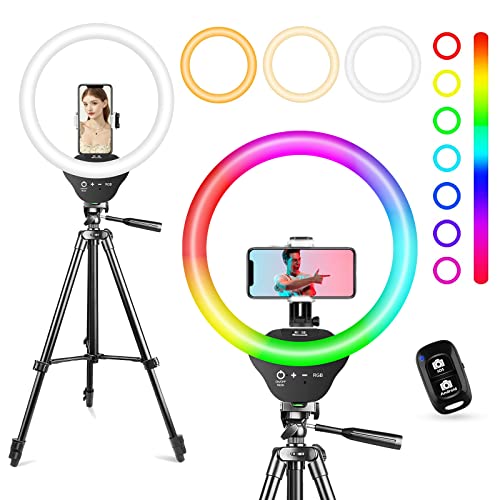 Sensyne 10'' RGB Ring Light with 50'' Extendable Tripod Stand, Circle Lights with Phone Holder for Live Stream/Makeup/YouTube Video/TikTok, Compatible with All Phones - 10 inches - RGB