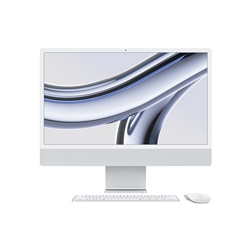 Apple 2023 iMac all-in-one desktop computer with M3 chip: 8-core CPU, 10-core GPU, 24-inch 4.5K Retina display, 8GB unified memory, 512GB SSD storage, matching accessories. Works with iPhone; Silver - 8‑core CPU and 10‑core GPU - 512 GB - Silver