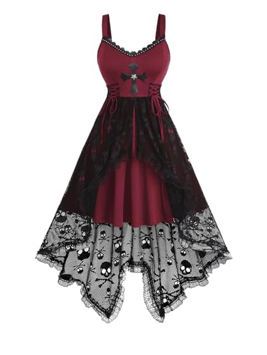 Rosegal Women Plus Size Gothic Lace-up Lace Panel Asymmetrical High Low Midi Dress - Red_3 - 4X