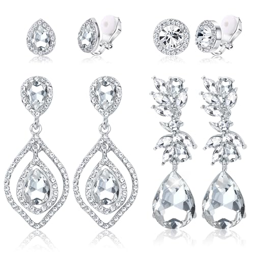Jstyle 4 Pairs Silver Clip on Earrings for Women Elegant Rhinestone Clip on Earrings Dangle Drop for Brides Bridesmaids Non Pierced Earrings Set - Rhinestone Clip on Earrings Set