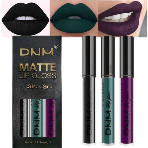 evpct DNM 3Pcs Dark Black Purple Green Matte Liquid Lipstick Lip Stain Sets for Women Matte+Lipstick Long Lasting 24 hr Hours Magic Lipstick 24 Hours original Waterproof 19# - 0.21 Fl Oz (Pack of 3) - A-3Pcs Set19