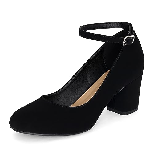 STYLISH S Hype ~ Women's Closed Round Toe Adjustable Ankle Strap Low Chuncky Block Heel Pumps Shoes - 11 - Nbpu Blk