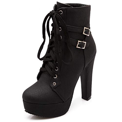 Susanny High Heel Boots for Women,Womens Platform Boot Heels Sexy Round Toe Lace UP High Heels Mid Calf Boots - 12 - Black