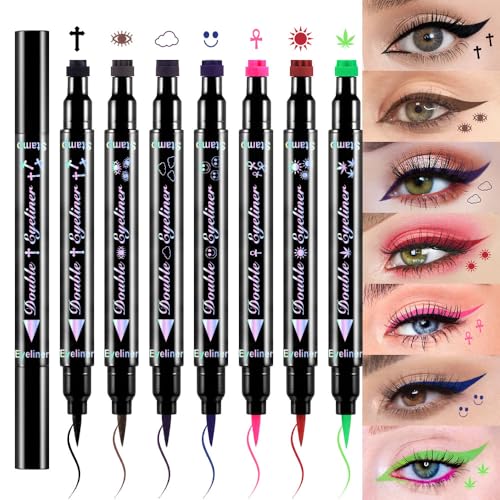 evpct 7Pcs Colored Winged Eyeliners Face Stamp Set, Black Brown Purple Blue Red Pink Green Stamps Eyeliner, Star Flowers Heart Moon Triangle Lightning Butterfly Colorful Eye Liners Stamp Makeup Kit 02 - 1 Count (Pack of 7) - 7Pcs Set 02