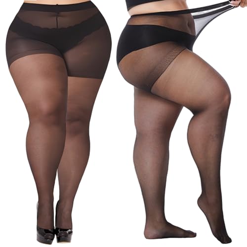 Buauty Plus Size Sheer Tights for Women, 20D High Waist Black Pantyhose Stockings for women Control Top Resistant(1 pair - 5X - Black