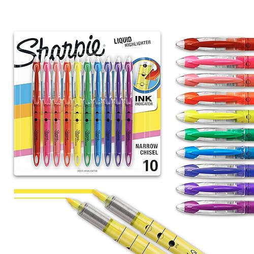 Sharpie Liquid Highlighter, Chisel Tip Highlighters, Journaling Supplies, Study Supplies, Assorted Colored Highlighters, 10 Count - 10 Count Assorted - Highlighters