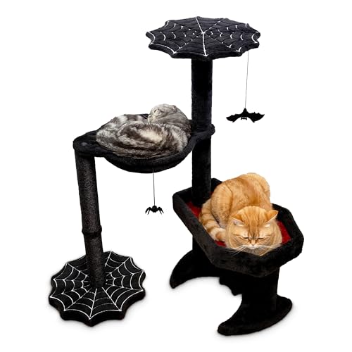 Littlesy Gothic Cat Tree with Coffin Cat Bed, Hammock, Spider & Bat Goth Cat Toys - 35 Inch Tall Coffin Cat Tree for Gothic Cat Lovers with Luxurious Gothic Cat Bed Experience Black and Red - Small with hammock - Black and Red