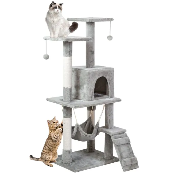 SKY-TOUCH Cat Tree Tower，Cat Condo with Sisal Scratching Post,Activity Centre Cat Climbing Tree with Cat House，Hammock, Sisal Posts, Ladder, and Rest Place for Indoor Cat（120×54×30cm）Grey