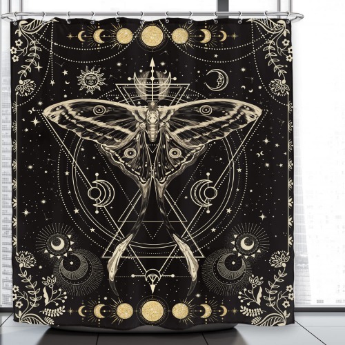 LGhtyro Gold Moth Shower Curtain 60Wx71H InchMoon Phase Shower Curtain Bathroom Set Gothic Black Butterfly Moonlit Bath Curtain Witchy Tarot Psychedelic Halloween Bathtub Accessories Decor for Teens - 60Wx71H Moon Phase Moth