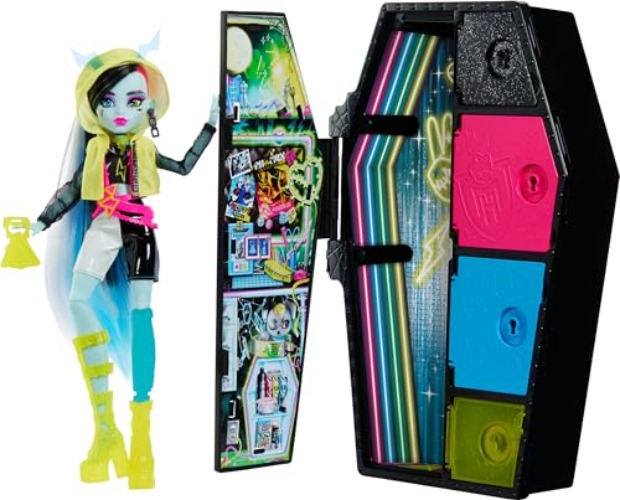 Monster High Skulltimate Secrets Neon Frights Doll & Accessories, Frankie Stein with Dress-Up Locker & 19+ Surprises - Frankie