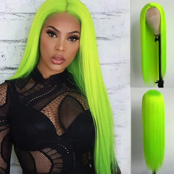 Aubree Fluorescent Green Wigs Neon Long Straight No Lace Front Synthetic Wigs with Baby Hair Glueless Heat Resistant Hair Replacement for Cosplay Party 24inches - #1Green ST