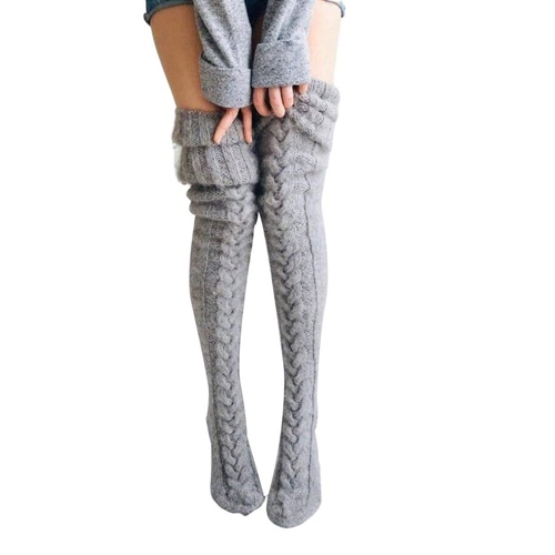 N/ C Womens Plus Size Thigh High Socks White Black Knit Over Knee High Boot Stocking