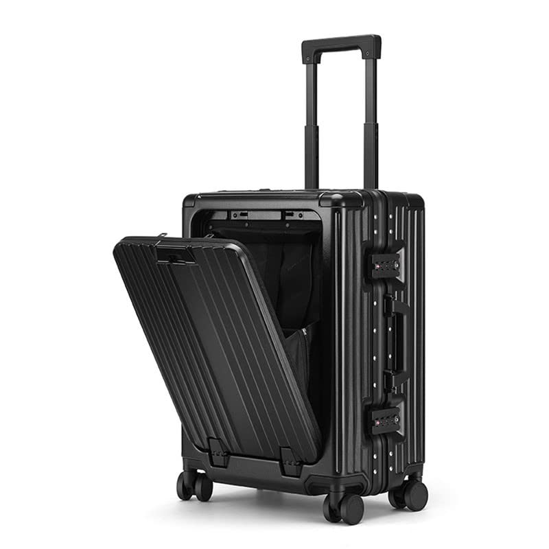 O9 o-Nine 24" Travel Luggage with Spinner Wheels,Aluminum Framed Suitcase with Front Open Laptop Compartment/Pocket 65x40x26 CM Large(Black) - 24 inch - Black