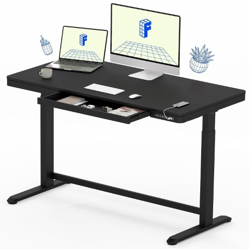 Flexispot Electric Standing Desk with Drawer Height Adjustable 48 x 24 Inches White Desktop & Frame Quick Install Comhar Home Office Table w/USB Charge Ports, Storage Organizer - Wooden Top - Black