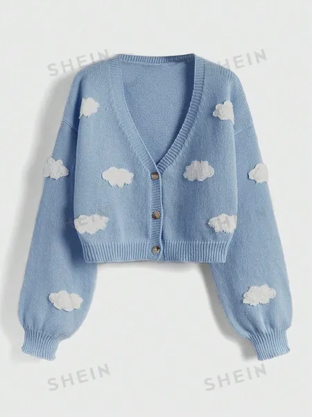 ROMWE Kawaii Chaqueta De Punto Con Cuello En V Y Diseño De Nube Para Tallas Grandes