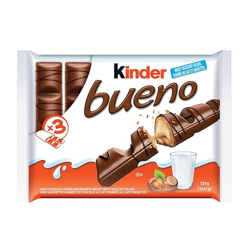 KINDER BUENO Milk Chocolate and Hazelnut Cream Candy Bars, 3 Packs, 2 Individually Wrapped Bars Per Pack (129g) - Kinder Bueno Milk Chocolate - 3 Packs (129g)