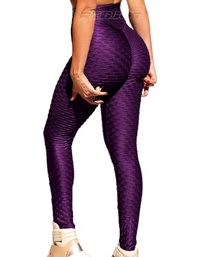 RIOJOY Women Anti Cellulite Gym Waffle Leggings, High Waist Yoga Pants Bubble Textured, Scrunch/Ruched Butt Lift Running Tights - #2 Purple - S