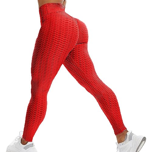 RIOJOY Women Anti Cellulite Gym Waffle Leggings, High Waist Yoga Pants Bubble Textured, Scrunch/Ruched Butt Lift Running Tights - #2 Red - S