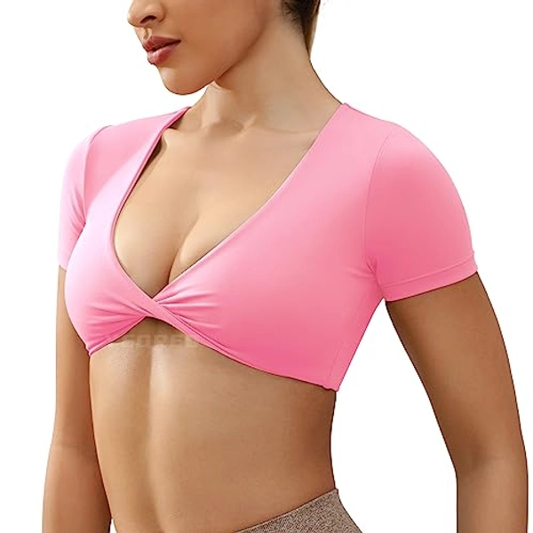 YEOREO Kyla Workout Crop Tops for Women Short Sleeve Twist Front Crop Tank Top Padded Sports Bra Casual Shirts