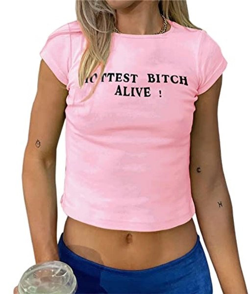 Cioatin Women’s Funny Letter Print Crop Tee Tops Y2K 90s E-Girl Short Sleeve Aesthetic Tshirt Slim Baby Cropped Shirt
