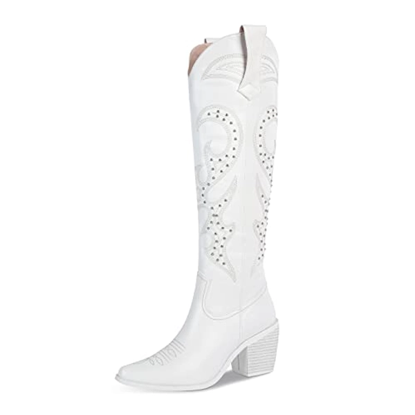 wetkiss Knee High Cowboy Cowgirl Boots for Women, with Unique Embroidery, Side Zipper and Chunky Heel Design