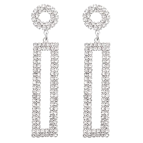 Legitta Rhinestone Long Drop Earrings Statement Rectangle Dangle with Circle Studs Fashion Jewelry